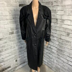 Vintage 80s 90s Leather Suede Trench Coat Long Medium Black Maxi Retro Overcoat